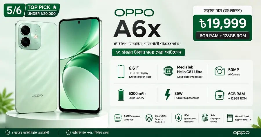 ২০ হাজার টাকার মধ্যে OPPO A6x মোবাইলের দাম ও প্রধান ফিচার